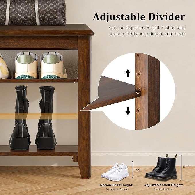 Taitiy Shoe Bench Storage Rubberwood, Entryway Bench with 3-Tiers Height Adjustable, Shoe Rack Front Door Entrance Organizer for Hallway Living Room, Mudrooms, Walnut,23.6"