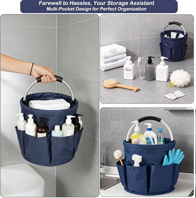 17L Foldable Cleaning Caddy with Handle, Cleaning Supplies Organizer Storage Basket with 6 Side Pockets, Portable Multi Cleaning Bucket Bag for Home Garden Bathroom Camping (Navy Blue)