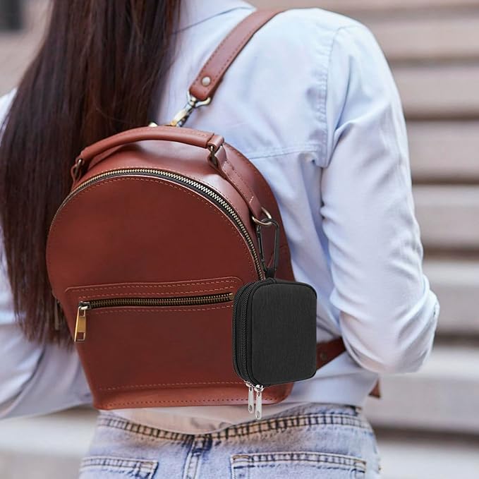 E-Tree Coin Purse with Carabiner Clip, Dual Layer Card Case Holder, Mini Pouch for AirPod Earphone Keychain USB Cable,Wallet, Small Accessories Organizer Bag for Women and Men (Black-Side Zippers)