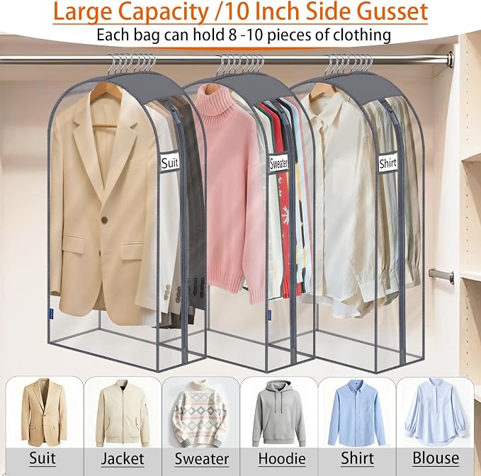 Clear Garment Bags for Hanging Clothes 10" Side Gusset, Suit Bags for Closet Storage, Suit Cover for Shirts Coats Dresses (24"X42"X10" 4Pack)