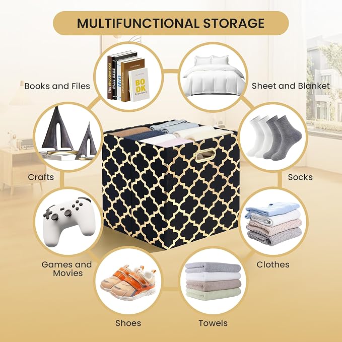 Posprica 13x13x13 Storage Cube Bins, Collapsible Storage Bins Fabric Storage Cubes Organizer Baskets Box Drawers for Shelves, Closet, Wardrobe, Bookshelf, Cabinet,(Set of 4, Black/Gold lantern)