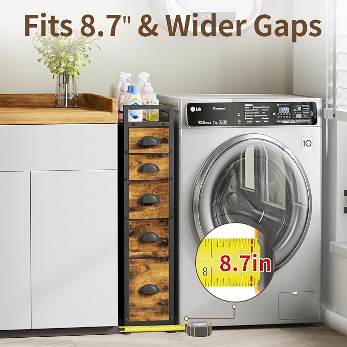 LASZOLA 5 Drawer Narrow Dresser Slim Cabinet Skinny Storage Tower Chest, Ideal for Small Spaces Bathroom, Between Washer and Dryer, Lightweight Mobile on Wheels, Sturdy Fabric Drawers, Brown