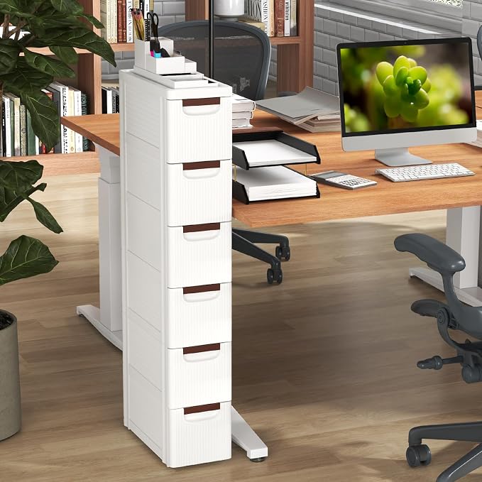 LOKO 6-Drawer Narrow Storage Cabinet, Slim Rolling Cart (7.5"x16.5"x43") | Mobile Plastic Cart Container | Pull Handles & Built-in Wheels | For Living Room, Kitchen, Bathroom, Office