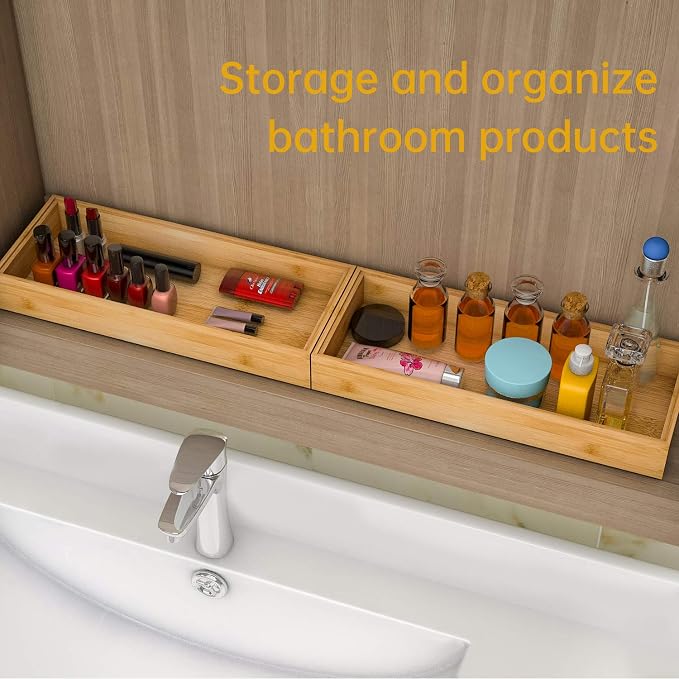 Bamboo Kitchen Drawer Organizer 15"x 6", Wooden Stackable Silverware Tray | Utensil Organizer Cutlery Holder for Kitchen, Wooden Storage Box for Bathroom, Multi-Use Storage Bins Dividers for Office