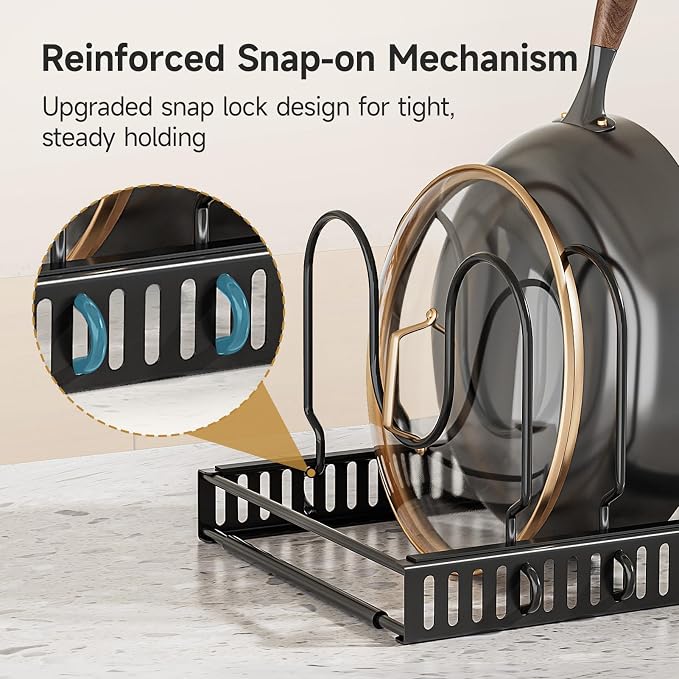 MUDEELA Pot Lids Organizer Rack for Cabinet, Expandable 11.81" to 22.85" Pot and Pan Organizer Holder with 14 Adjustable Dividers, Baking Cookie Sheet Bakeware Cutting Board Kitchen Storage Organizer