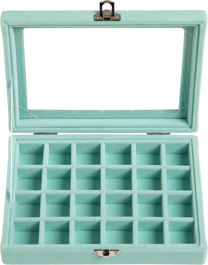 Frebeauty 24 Grid Earring Organizer,Small Velvet Jewelry Tray with Lid | Portable Jewelry Box for Rings Stud,Velvet Lining for Protecting Jewelry,Adjustable Dividers,Glass Lid for Clear Review