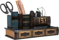 Decorative Pencil and Pen Holder with Storage Drawer, Wooden Desk Organizer Caddy, Antique Library Books Design Pen Cup for Office Supplies, Countertop, Desk,Table (Reddish brown)
