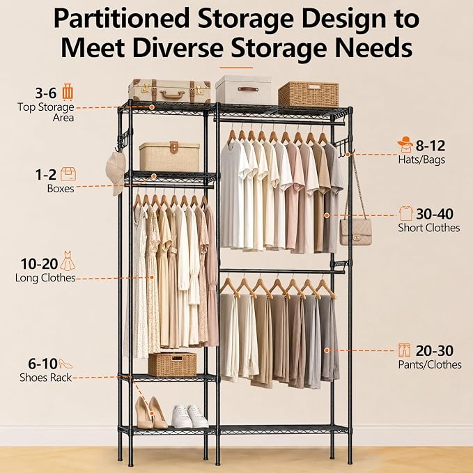 Heavy Duty Clothes Rack, Portable Clothing Garment Rack for Hanging Clothes, Adjustable Storage Closet with Wire Shelves and Hanging Rods, Freestanding Closet Organizer, Max Load 700Lbs, Black
