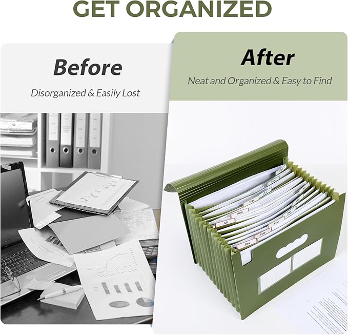 SKYDUE Accordion File Organizer, Expanding File Folder with 13 Pockets, Portable Document Paper Bill Receipt Organizer, Home School Office Supplies, Letter A4 Size OliveGreen