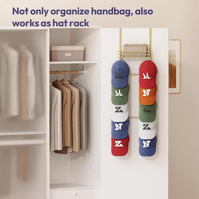 SWTYMIKI Over the Door Purse Organizer - Wall Mounted Handbag Organizer with 10 Hooks and Metal Basket, Hanging Purse Storage Rack Holds up to 10 Bags, Bag Rack Can Use As 1/2 Part, for Door, Closet