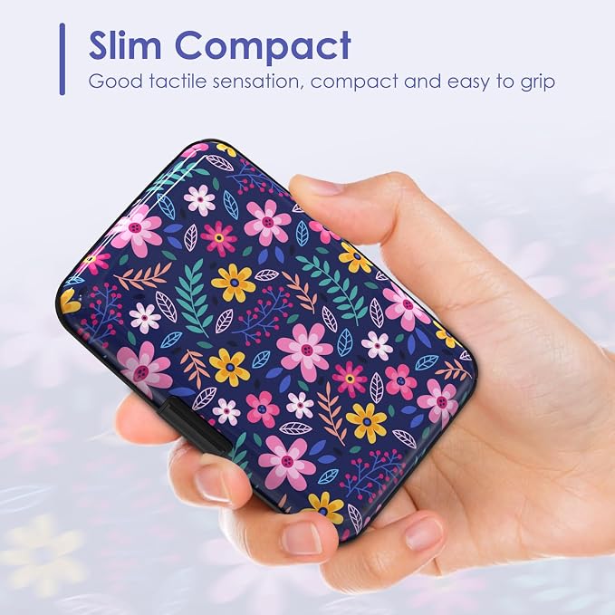 Credit Card Holder Small, Cute Floral Flowers RFID Blocking Wallet Business Travel Metal Slim Mini Aluminum Hard Case for Women Men