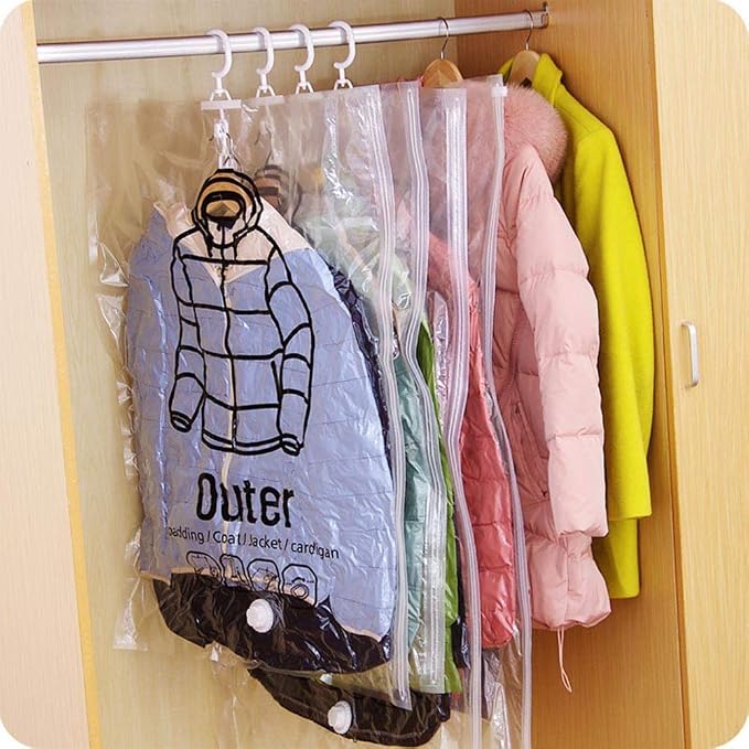 Hanging Vacuum Storage Bags, 2Pcs Space Saver Garment Bags for Clothes, Dresses, Coats, Reusable Vacuum Seal Storage Bags with Hangers, for Dresses, Coats, Down Jackets(S 2Pcs)