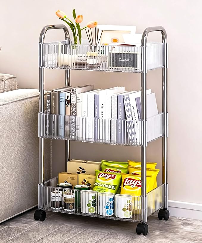 3-Tier Clear Utility Rolling Cart with Wheels for Kitchen & Bathroom | Lightweight-usage, Easy assembly, Multifunctional storage organizer, Clear, 8.2”W * 13”L * 25.8”H