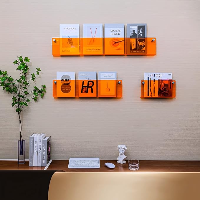 ROYALITA 2-Pack Acrylic Magazine Holder Brochure Holder, Orange 17 Inch | Record Magazine Rack, Fashion Floating Bookshelf, Literature Storage Rack for Waiting Room, Living Room, Office