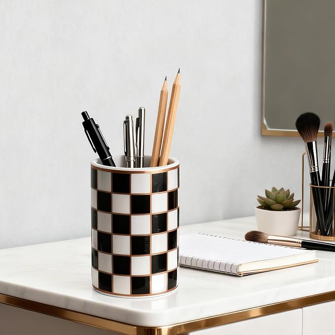 Ceramic Checkered Pen Holder For Desk,Cute Stand Black And White Pencil Cup,Durable Ceramic Pencil Cup, Decorative Makeup Brush Holder Cup, Stationery Holder for Office, School, Home (Black)