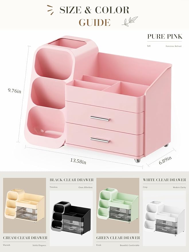 Makeup Organizer with Drawers,Large Capacity Countertop Organizer for Vanity,Bathroom and Bedroom Desk Cosmetics Organizers,Easy To Storage Skincare,Brushes,Lotions (All Pink)
