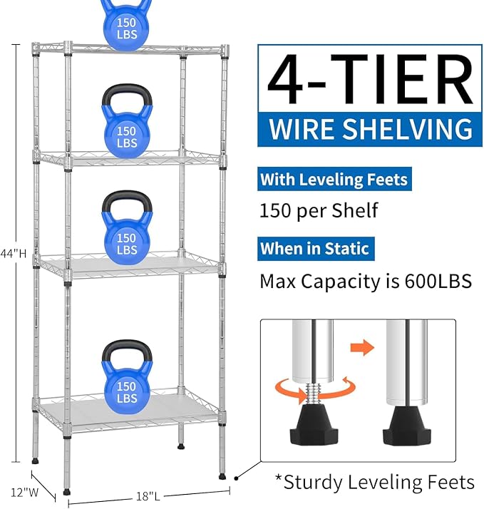 Meet perfect 4-Tier Wire Shelving Unit with 4 PP Liners, 18" W x 12" D x 44" H Heavy Duty Metal Shelf, 600Lbs Capacity Adjustable Storage Rack for Pantry, Laundry Room, Bathroom, Kitchen