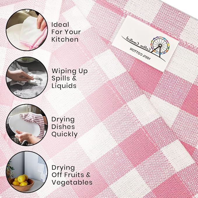 Towels Pink Classic Dish Towels Dishcloths Set Rags|Gingham Checks Pantry Drying Hand Towels Reusable Cotton 18x28 Inch Towel Spring Decorative Set of 6