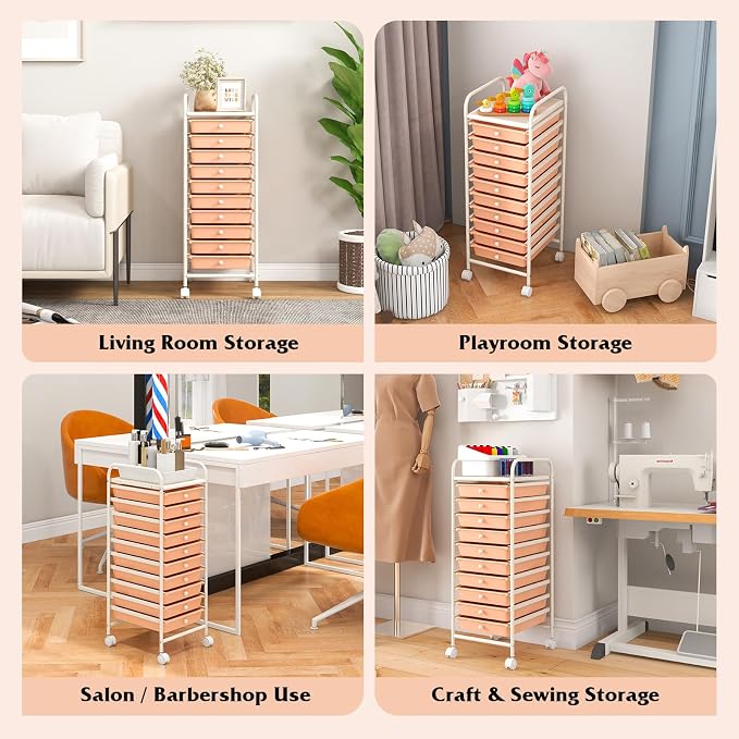 COSTWAY 10-Drawer Rolling Storage Cart, Utility Mobile Trolley | Removable Drawers & Universal Casters & 2 Brakes, Versatile Flexible Drawer Organizer Cart for Home, Office (Peach)
