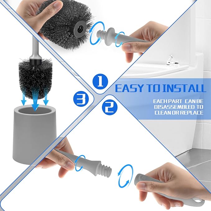 Toilet Brush and Holder 2 Pack with Long Handle - Non-Slip Grip Toilet Bowl Brush Set for Deep Cleaning Bathroom, Toilet Scrubber- Gray