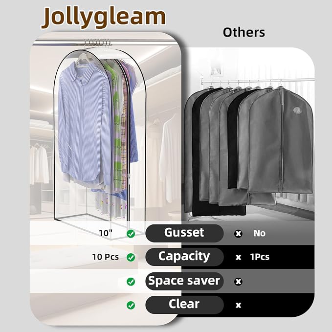 Upgraded Thickened Clear Garment Bags for Hanging Clothes 4 Packs, 10“ Gusseted Clothes Hanging Storage Bags for Closet, Shirts, Coats, Dresses (60 inch)