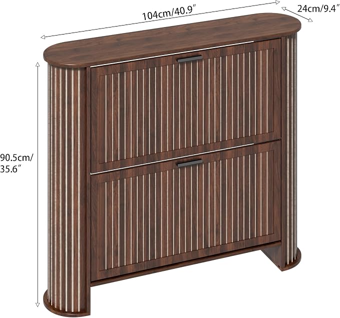 Narrow Shoe Storage Cabinet for Entryway, Slim Fluted Shoe Cabinet with 2 Flip Drawers, Wood Hidden Shoe Rack Organizer for Entry Way, Entrance, Foyer, Hallway, Walnut, Wooden, Thin