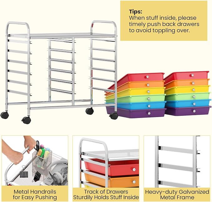 LDAILY 12 Drawer Rolling Storage Cart, Craft Cart Organizer on Wheels w/Metal Frame, Large Capacity & Smooth Drawer, Rolling Cart w/Drawers for Classroom, Office