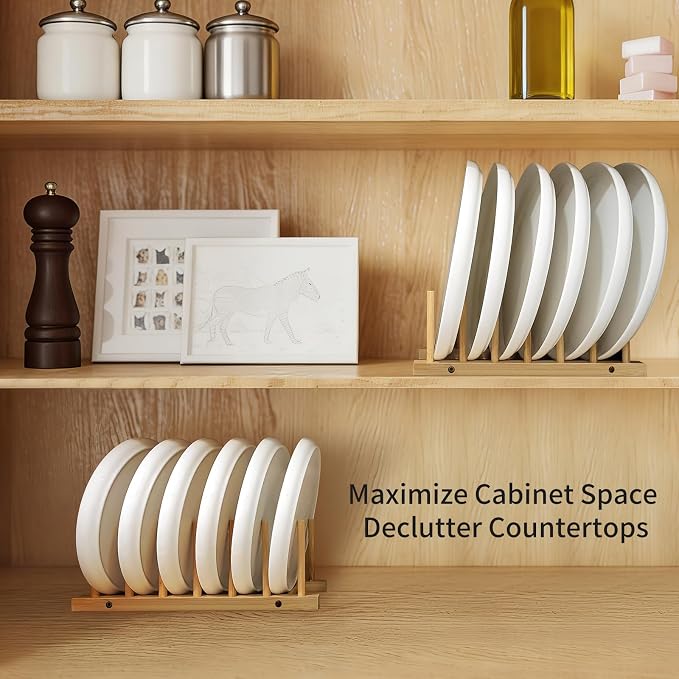 DEBETOOL 2 Pack Wooden Dish Rack Holder - Bamboo Plate Organizer for Cabinet Dishes Pots Lid & Cutting Boards, Kitchen Cabinet Space Saving Storage Solution