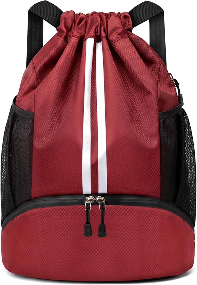 JELUTAR Drawstring Backpack Gym Bag with Shoes Compartment, Burgundy | Water-Resistant String Backpack for Soccer, Basketball, Swim, Beach Cinch for Women Men,18 L Large Capacity, Wet Pocket