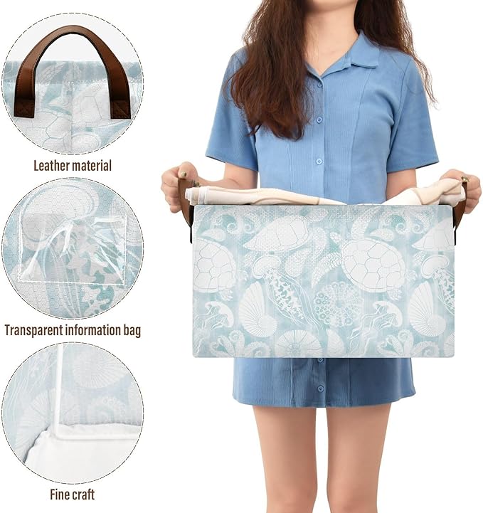 Light Blue Marine Life Turtle Coastal Storage Basket Foldable Cube Storage Bins with Handles&Label Collapsible Organizer Box Bin Large Rectangle Decorative Baskets for Shelves Home Living Room Closet