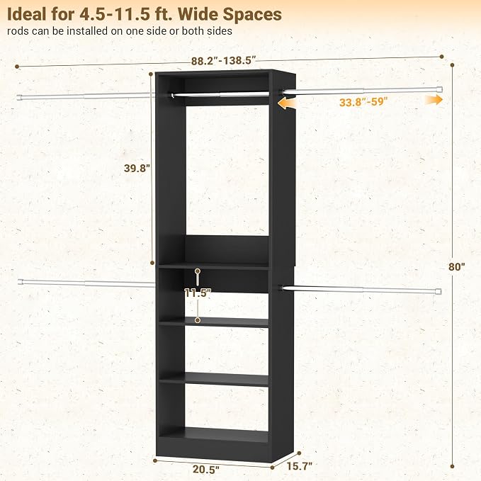 Homieasy Closet System, 4.5-11.5 Ft Expandable Closet Organizer with 5 Hanging Rods, Walk-in Wood Closet Organizer System with Storage Tower, Heavy Duty Garment Rack Wardrobe for Bedroom, Black