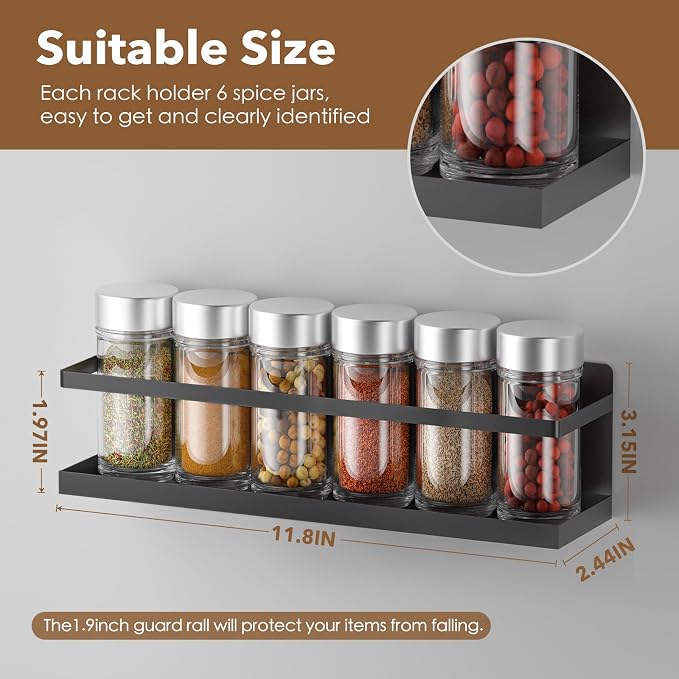 VANPET Magnetic Spice Rack for Refrigerator, Magnetic Fridge Shelf for Kitchen Spice Organizer, Spice Rack Wall Mount, Fridge Organizers and Storage (4, Black)