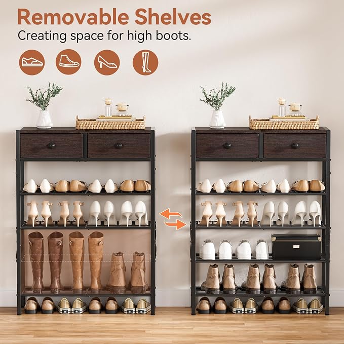 Shoe Rack for Entryway, 5 Tier Shoe Organizer with 2 Non-Woven Drawers, Metal Storage Shoe Shelf for 16-20 Pairs of Shoes, with Wooden Top and Steel Frame, Shoe Stand for Closet Dark Brown