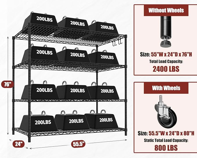 PrimeZone 4 Packs 55.5" W x 24" D x 80" H Heavy Duty Wire Storage Shelves with Wheels, 4 Tier Adjustable NSF Commercial Garage Shelving Unit, Rolling Metal Organizer Shelf Rack for Warehouse, Pantry