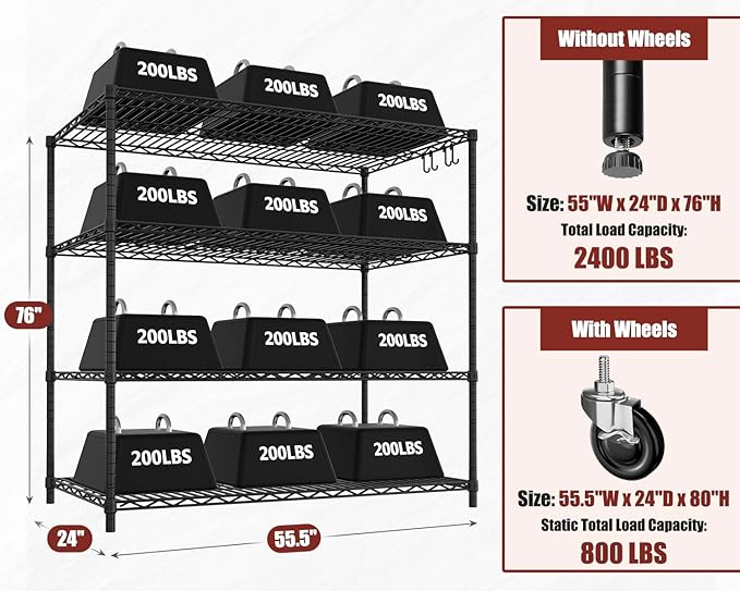 PrimeZone 5 Packs 55.5" W x 24" D x 80" H Heavy Duty Wire Storage Shelves with Wheels, 4 Tier Adjustable NSF Commercial Garage Shelving Unit, Rolling Metal Organizer Shelf Rack for Warehouse, Pantry