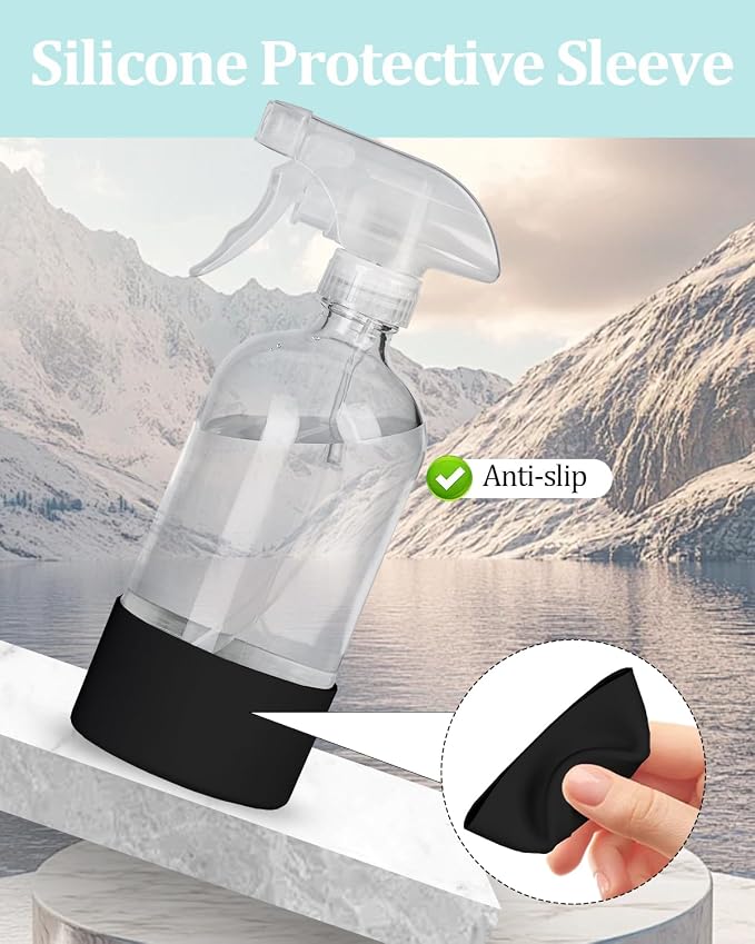 2 Pack 360° Glass Spray Bottles with Silicone Sleeve, 16 oz Empty Refillable Containers with Adjustable Spray Nozzles, Spray Bottles for Hair, Cleaning Solutions and Plants Black
