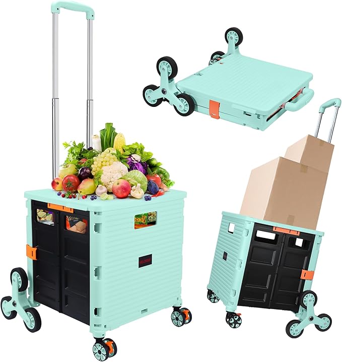 SELORSS Foldable Utility Cart Collapsible Crate Rolling Carts with Stair Climbing Wheels Rolling Tote Basket Teacher Cart with Lid Wear-Resistant 360°Rotate Wheel Noiseless for Shopping Grocery Office