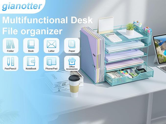 gianotter 5-Tier Desk Organizer with Drawers, File Holders, Letter Trays and Pen Holders - Workspace Accessories for Office Supplies (Blue)