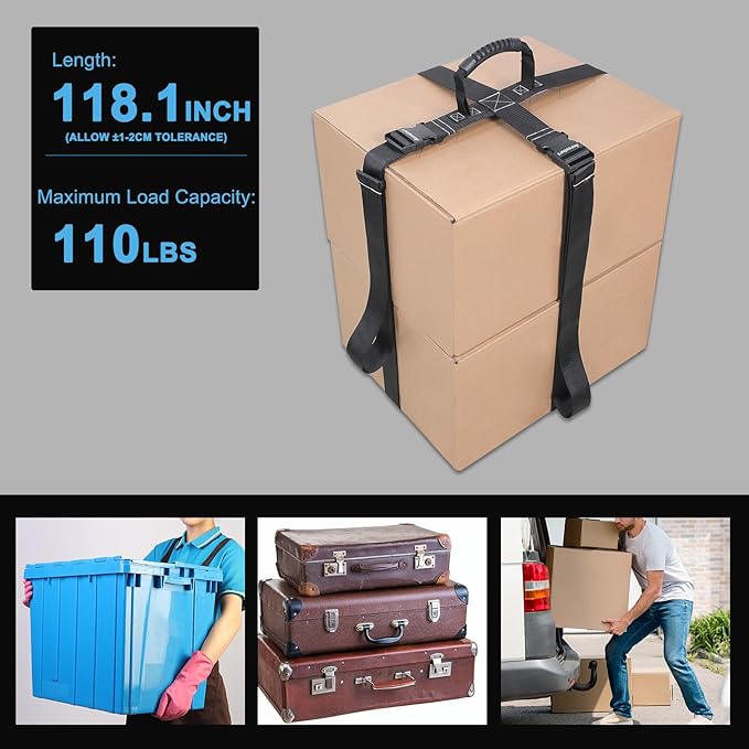 Box Carrying Strap with Handle Adjustable Straps for Battery Box Handheld Belt Carry Straps for Safely Moving and Lifting Heavy Boxes (Black, 118.1 Inch)