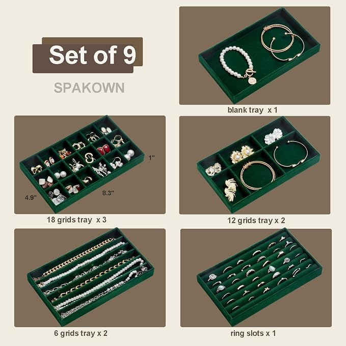 SPAKOWN Jewelry Drawer Organizer Inserts Set of 9, Jewelry Trays for Drawers Velvet Jewelry Organizer Tray Drawer Jewelry Organizers and Storage for Earring Ring Necklace Watch Bracelet (Green)