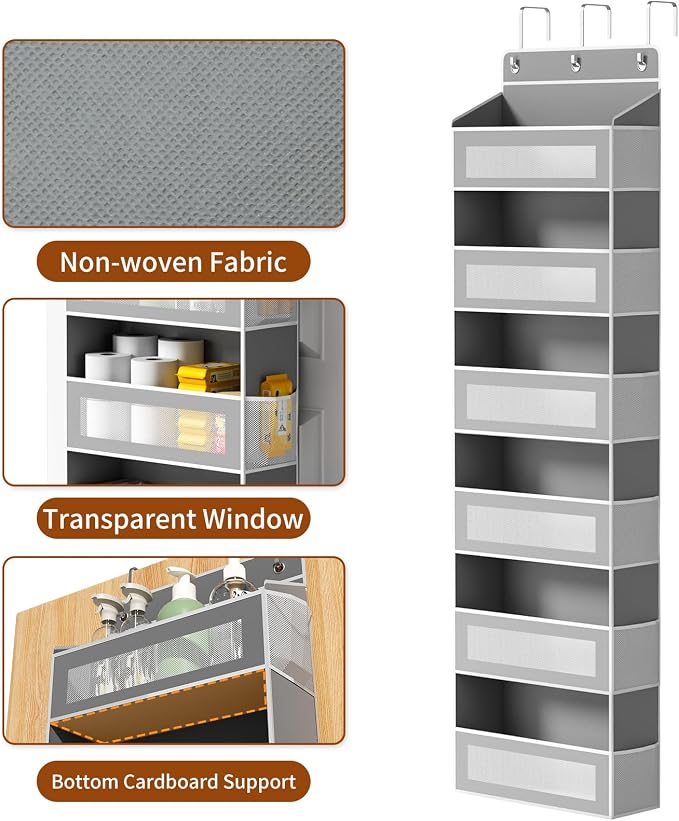 6-Tier Over The Door Organizer with Large Pocket, Over the Door Storage 12 Side Pockets, Hanging Door Organzier 44 lb Load Behind Door Storage Hanging Shelf for Closet Wall Bathroom Nursery, Grey