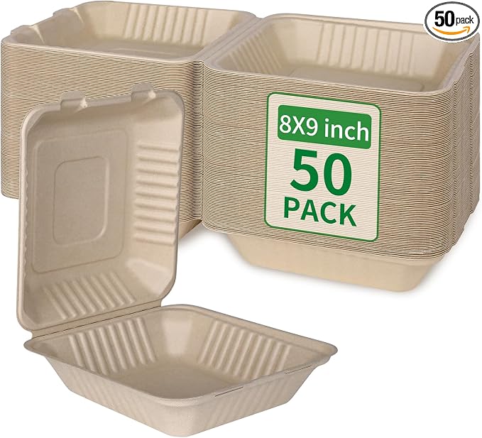 Aricsen Compostable 1 Compartment 50 Pack 8×9 Inch Takeout Lunch Box Containers with Lid To Go Take Out Clamshell for Food, Disposable Eco-Friendly Biodegradable Bagasse, PFAS-Free, Brown