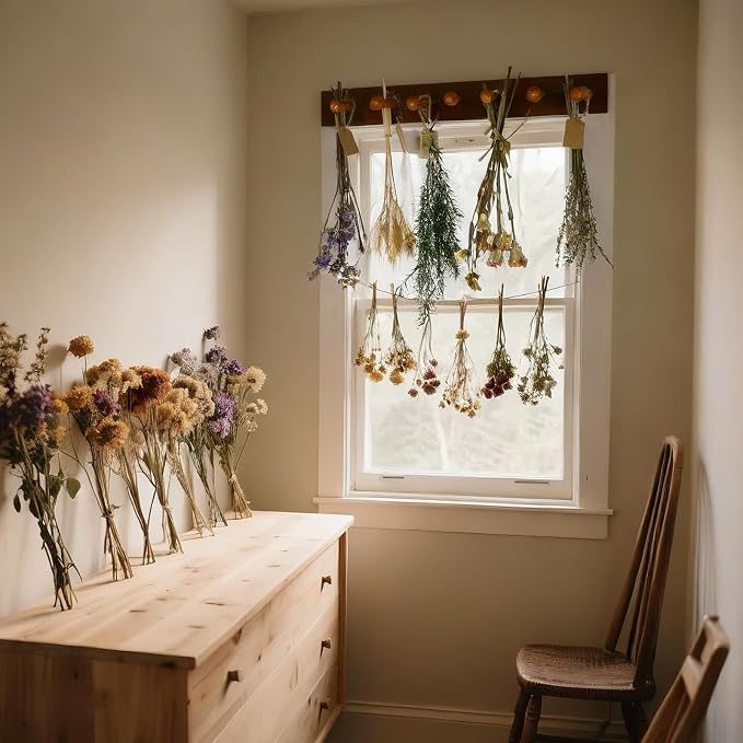 Tnstbiee Rustic Hanging Herb Drying Rack–Space-Saving Design Holds 7 Bouquets,Fits Window,Door Kitchen Areas-Great for Kitchen Witches Herb Display-Unique Gift for Gardening Enthusiasts-Wall Art Décor