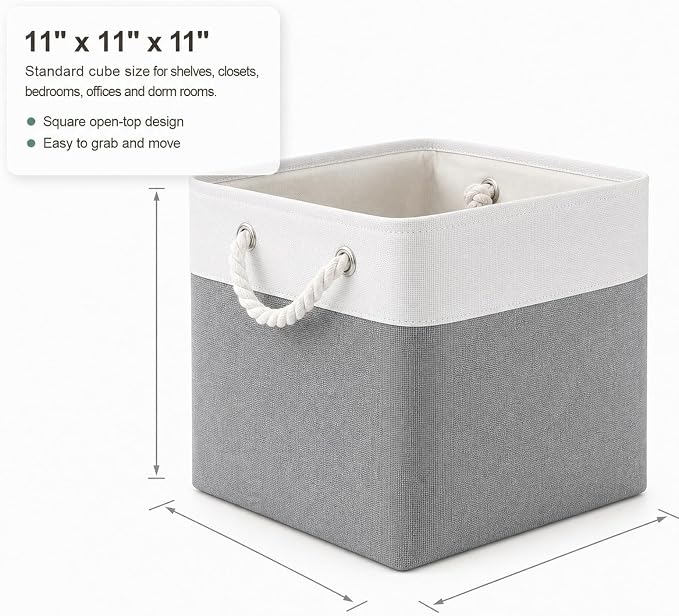 11x11 Inch Cube Storage Bins, 8 Pack Collapsible Fabric Storage Cubes with Rope Handles, Waterproof Foldable Storage Baskets for Cube Shelves, Closet, Clothes, Toys, Books, White & Gray