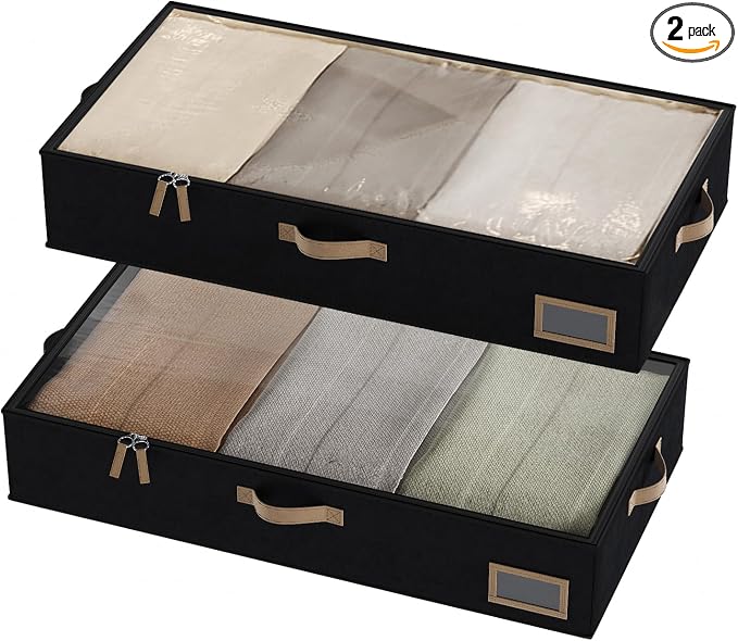 Under Bed Storage, Under Bed Storage Containers Bins for Clothes, Large Linen Underbed Closet Organization Bins, 2 Pack Collapsible Underbed Bin Dorm for Clothes, Sweater, Black