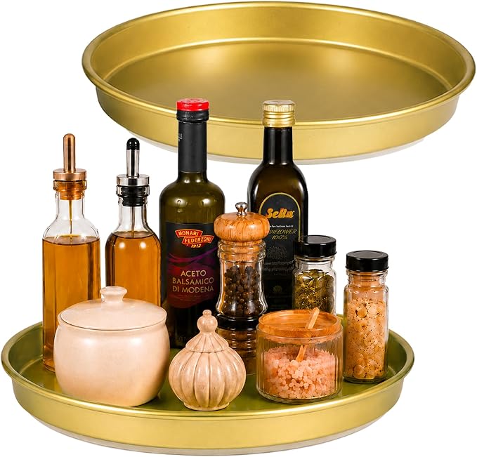 Amolliar 10" Metal Lazy Susan Organizer, Gold 2 Pack, Spice Turntable Tray | Metal 360 Rotating Turntable Organizer For Kitchen, Fridge, Pantry Cabinet Counter, Condiment Rack, Table Decor, Gold 2 Pack