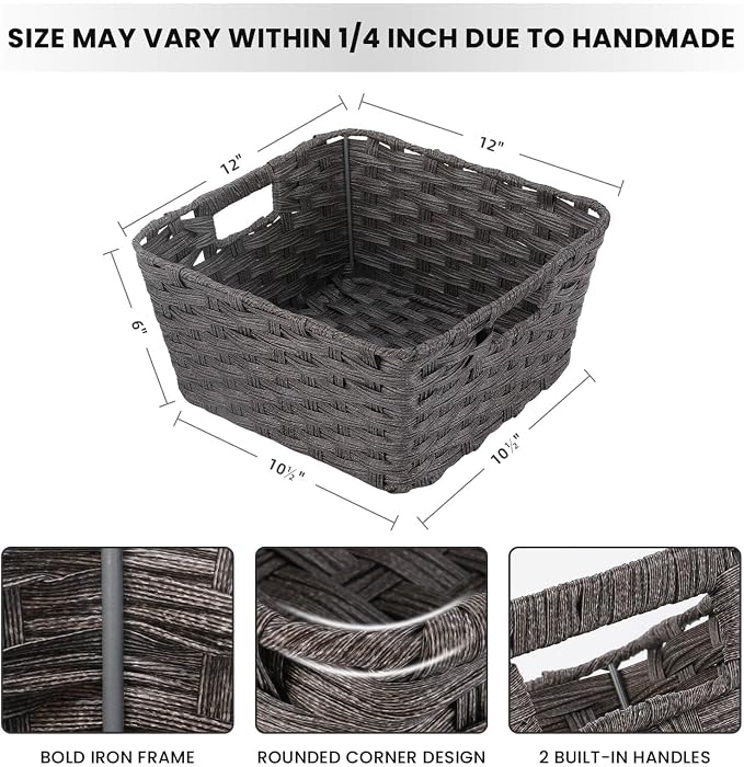2-Pack Plastic Wicker Storage Baskets for Bathroom, 12"x12"x6", Dark Grey | Versatile woven storage bins for shelves, toilet paper, closet, and home organizing – stackable, durable.