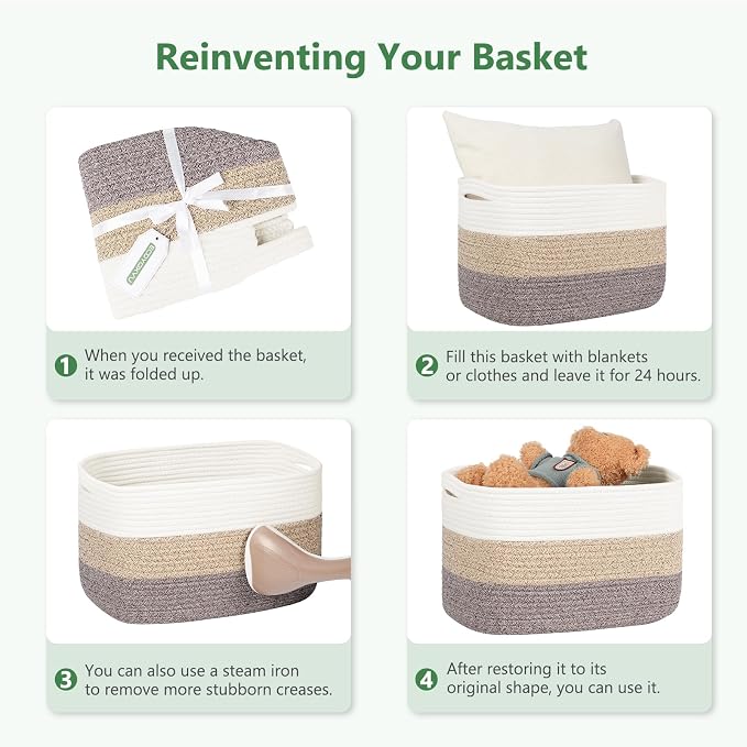 ECDYQXVU 15x10x9 Woven Cotton Rope Storage Basket, Leather Handles 3 Pack | Foldable Design, Sturdy PU Handles, Easy to Clean Organizer for Living Room, Closet, Shelves, Bedroom, Laundry, Clothes