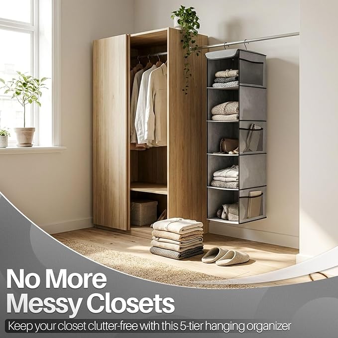 Flexzion 5-Shelf Fabric Hanging Closet Organizer, 11.9-Inch Wide, Brown | Shelves for Dorms with 6 Side Mesh Pockets and 2 Metal Hooks; Open Storage for Clothes, Towels, and Accessories