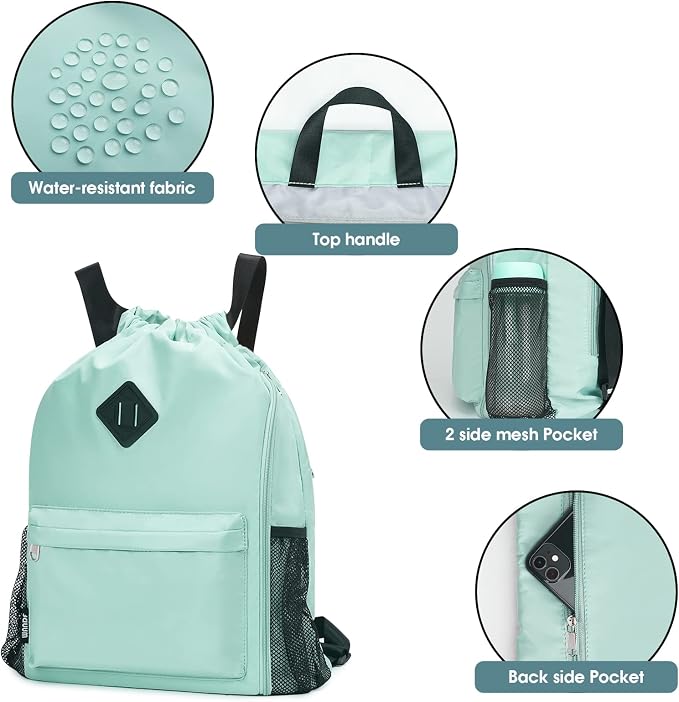 WANDF Drawstring Backpack with Shoe Compartment, Sports Gym Bag | Multi-Pocket Storage, Water-Resistant Fabric, Cinch String Bag
